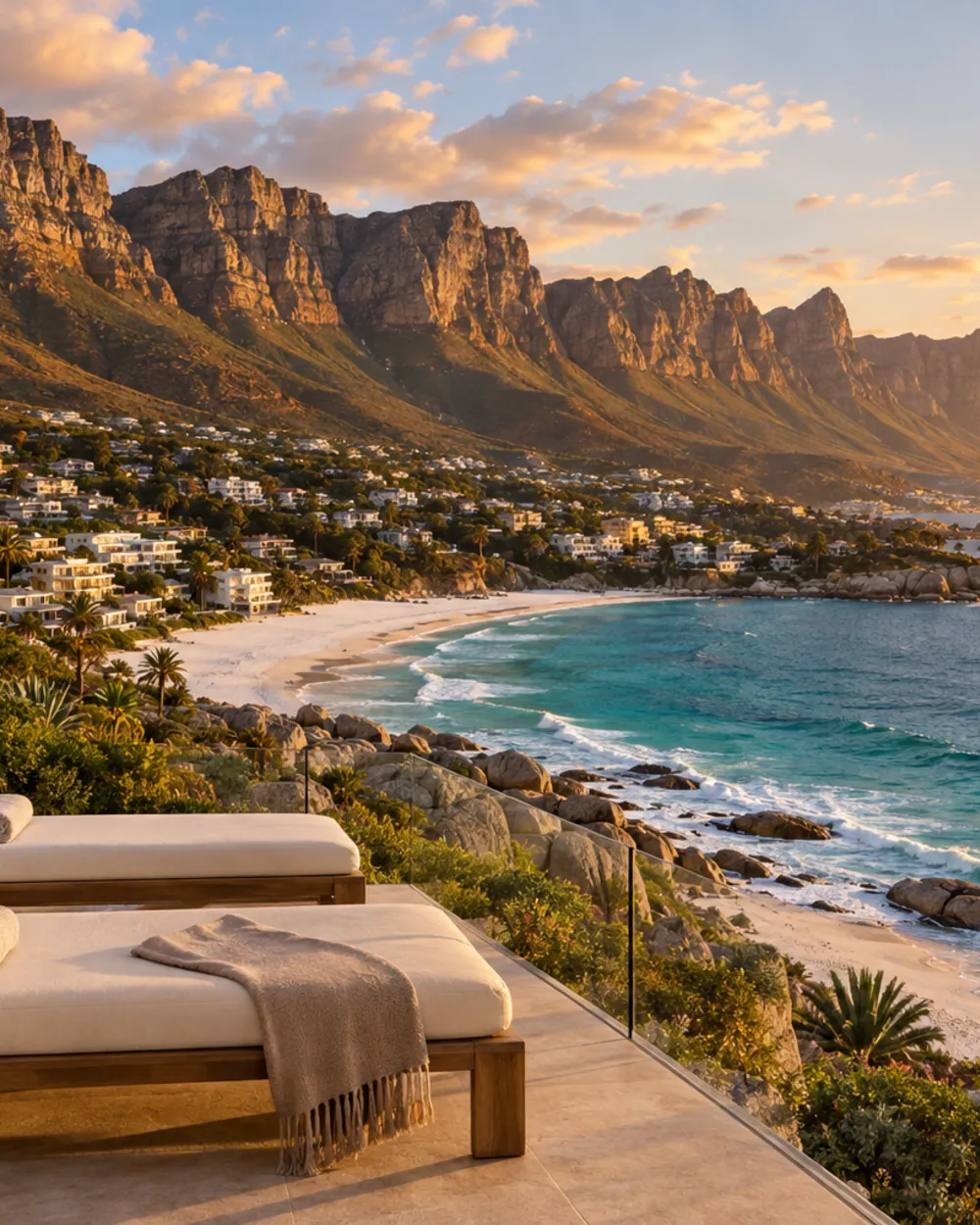 Camps Bay in Cape Town at golden hour, with the Twelve Apostles mountains above turquoise water.
