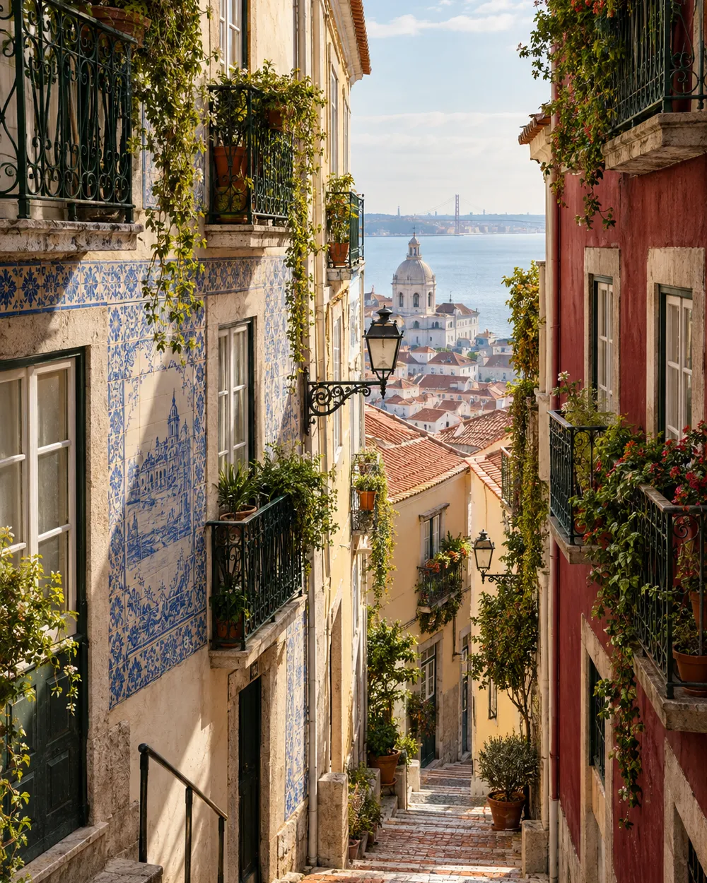 A steep Alfama lane in Lisbon with azulejo tiles, pastel facades and the river beyond.