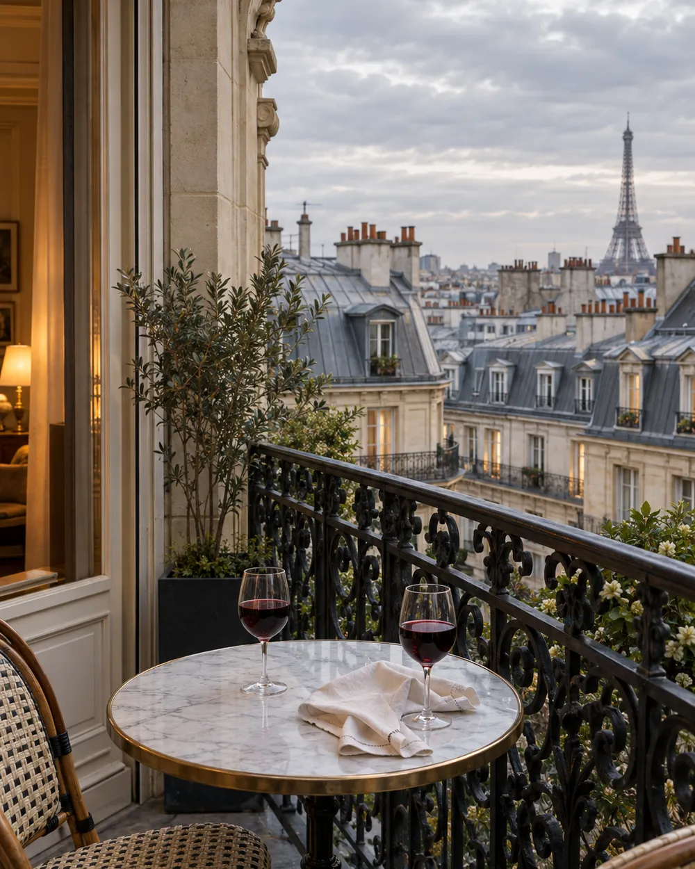 A Parisian wrought-iron balcony with a marble cafe table, two glasses of red wine and zinc rooftops beyond.