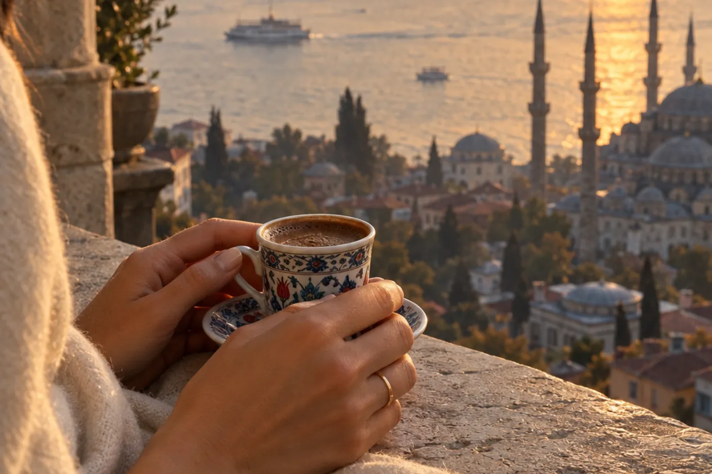 Hands holding Turkish coffee on a balcony above the Bosphorus at sunrise.