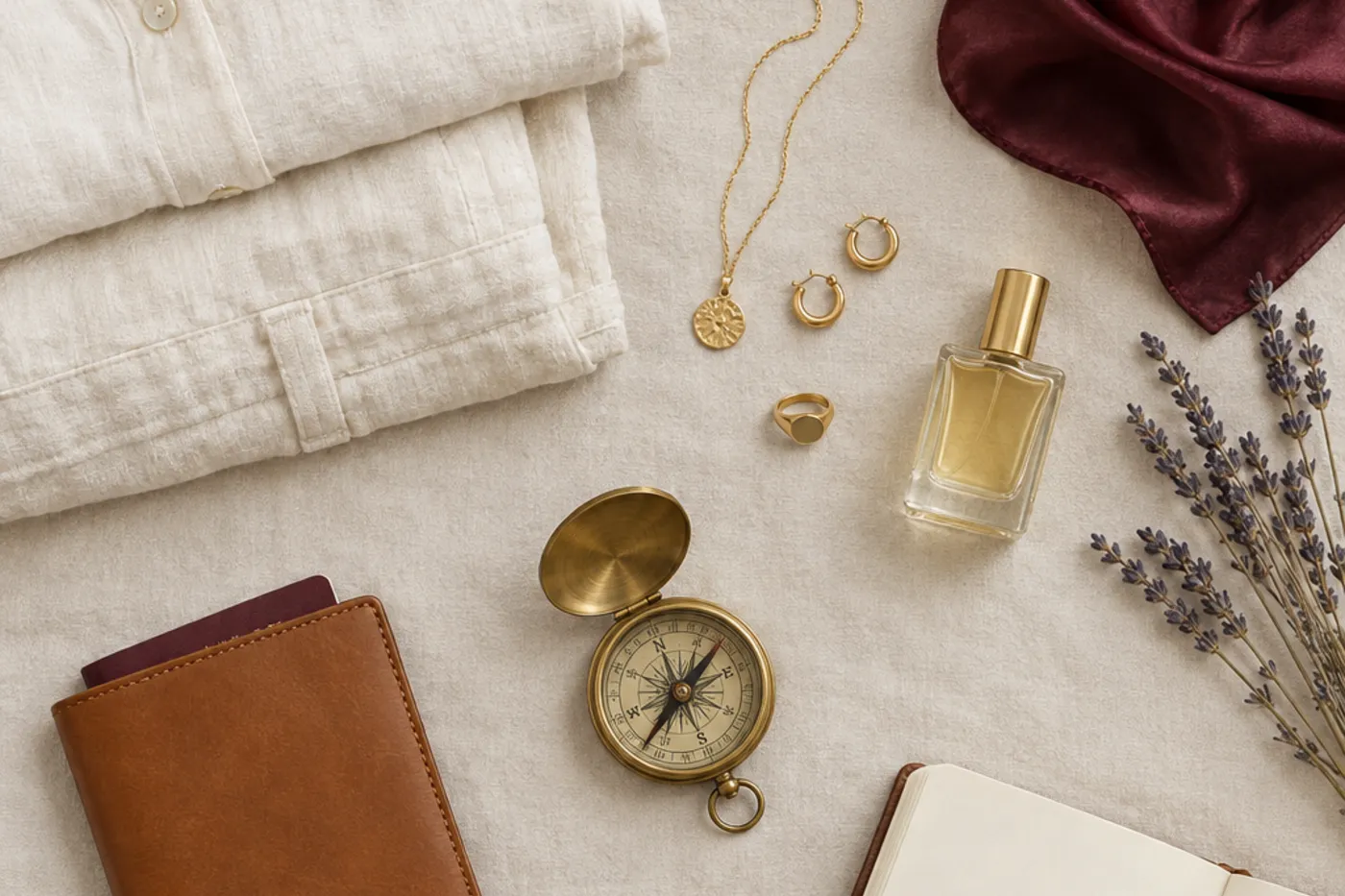 An overhead flat lay of ivory linen, a burgundy scarf, gold jewelry and a leather passport wallet.