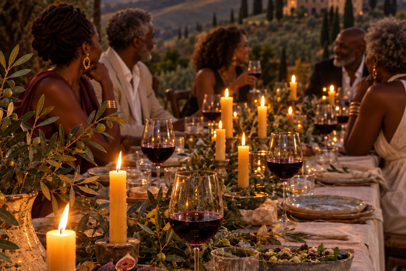A long candlelit dinner table in the Tuscan hills at dusk.